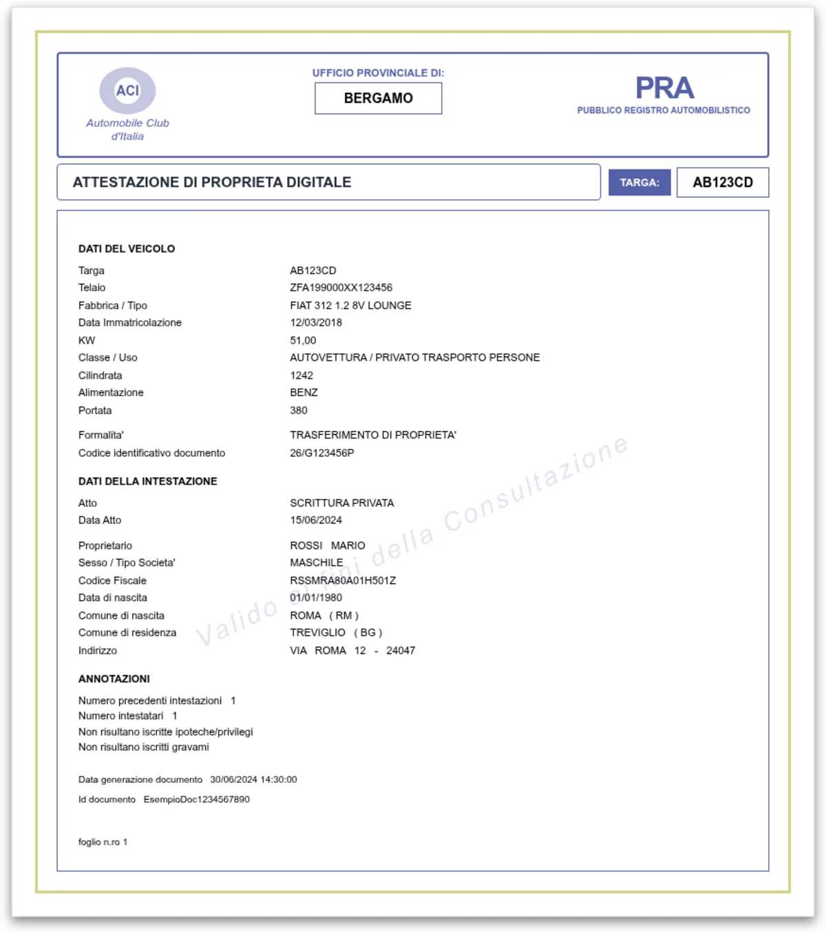 Esempio del documento generato dal sistema