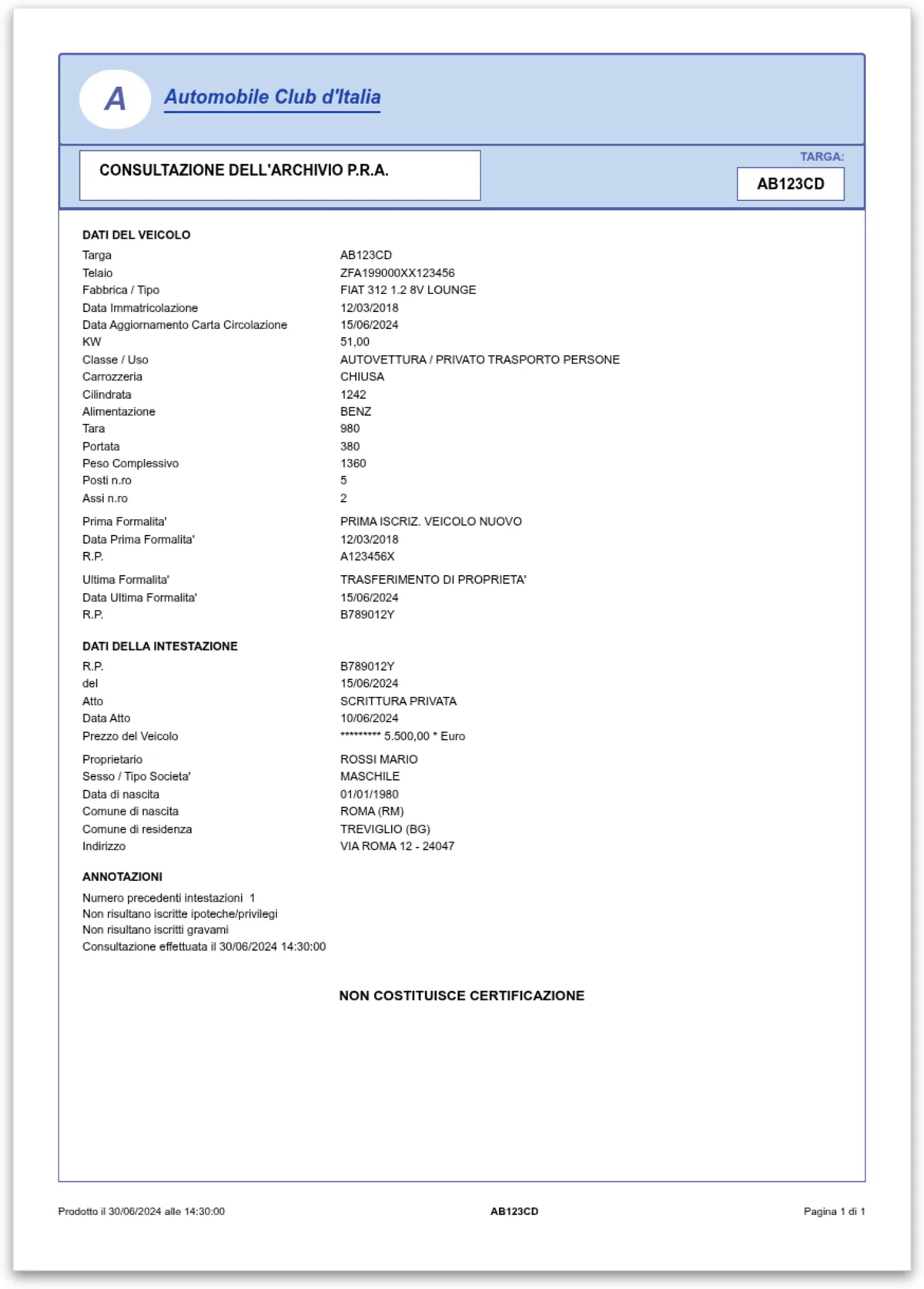 Esempio del documento generato dal sistema